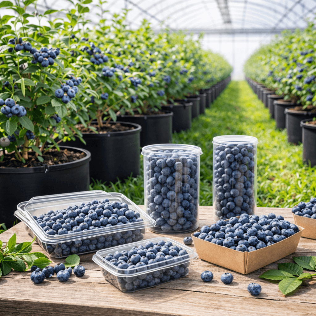 Premium transparent plastic clamshell container filled with fresh blueberries, showcasing secure closure, ventilation design, and retail-ready fruit packaging solution for exporters and produce brands.